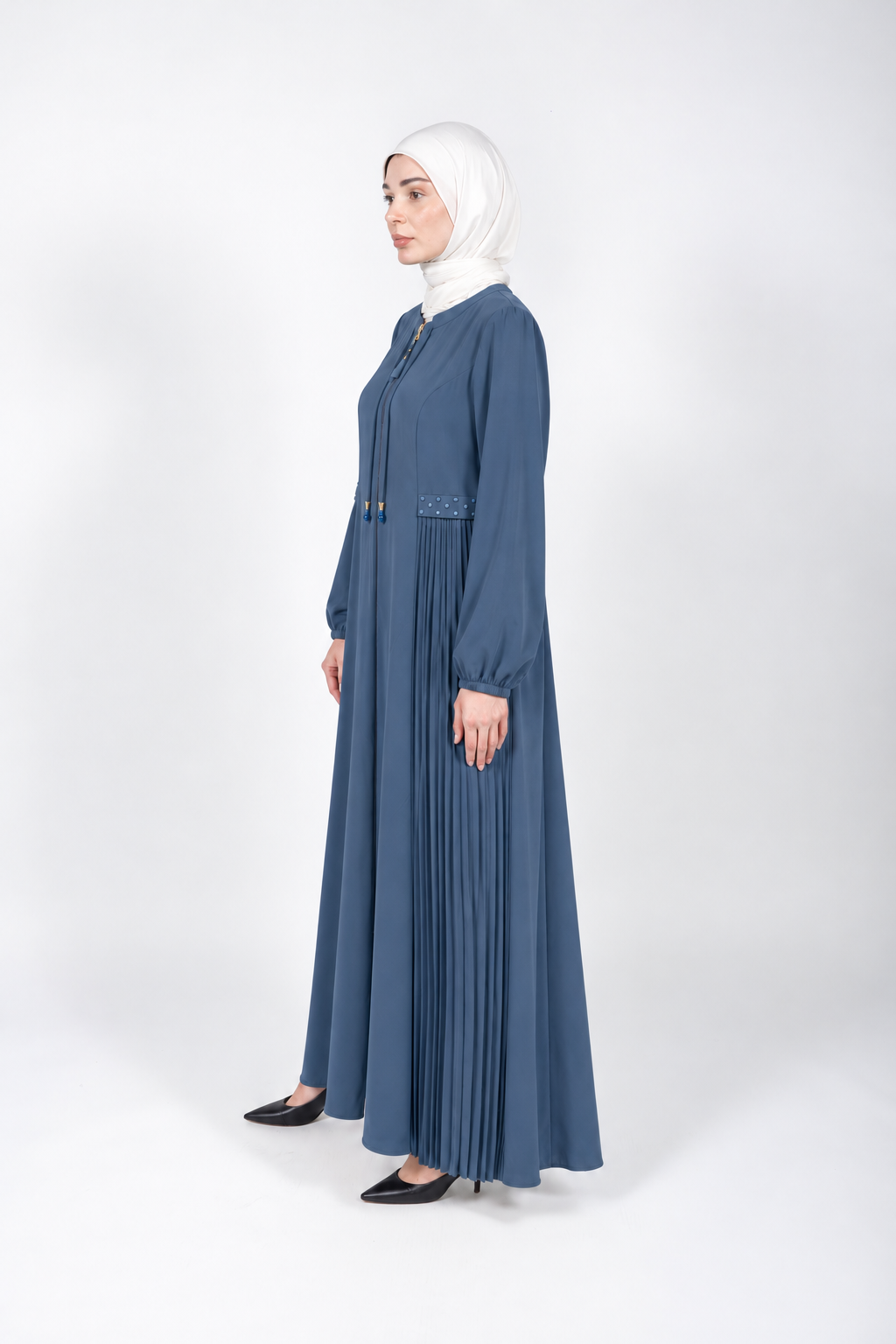 Steel blue viscose abaya with pleated side panels and cord ties
