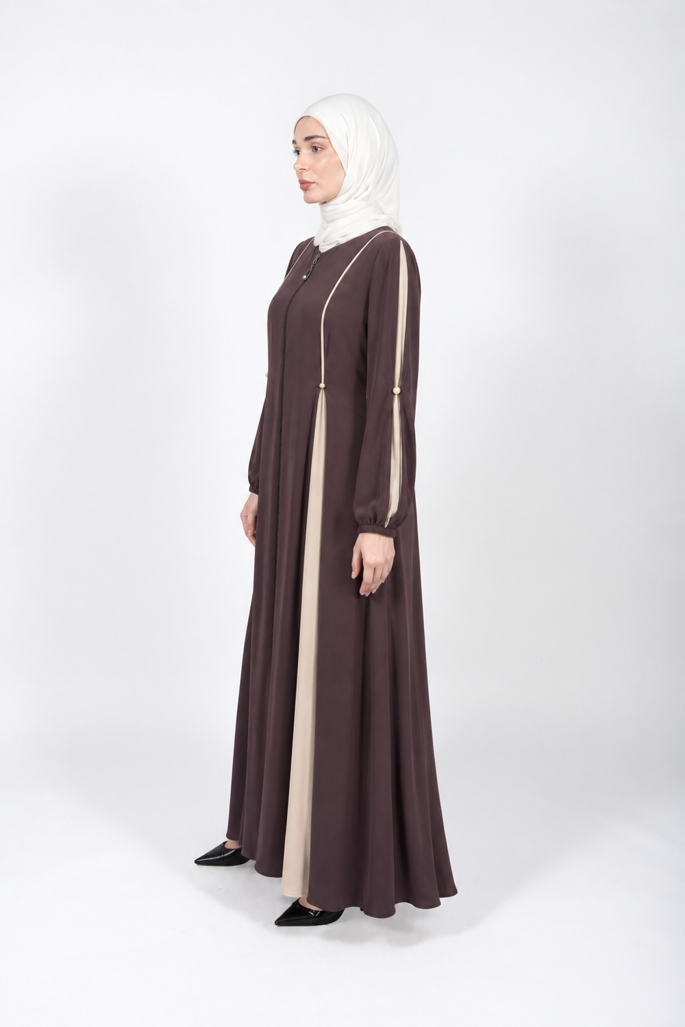 Mink viscose abaya with cream panels, piping and pearl accents
