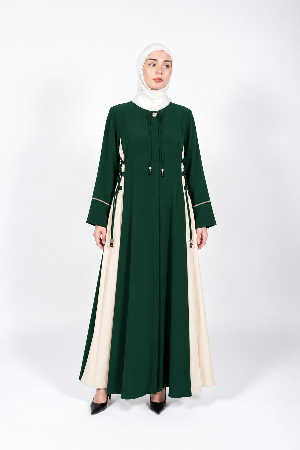 Green and cream two-tone abaya with side lace-up detail