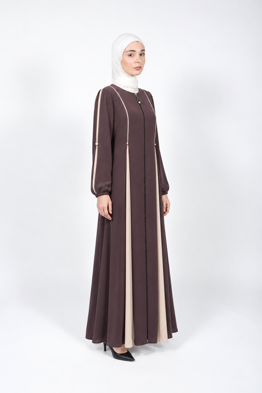 Mink viscose abaya with cream panels, piping and pearl accents