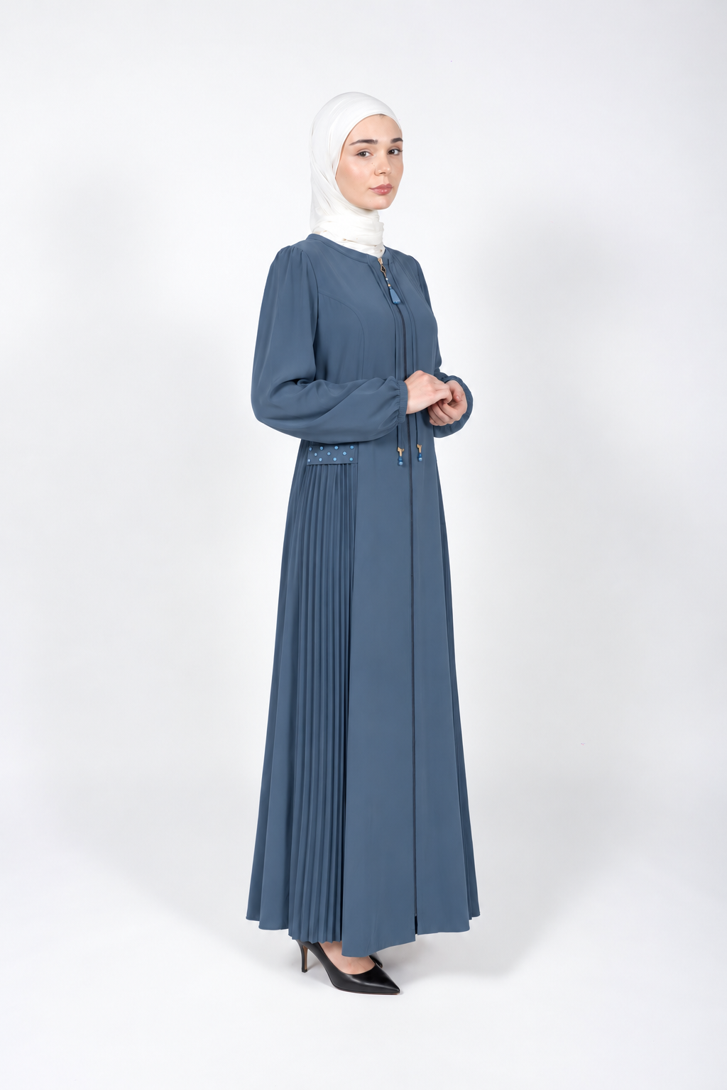 Steel blue viscose abaya with pleated side panels and cord ties