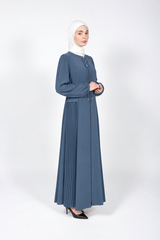 Steel blue viscose abaya with pleated side panels and cord ties