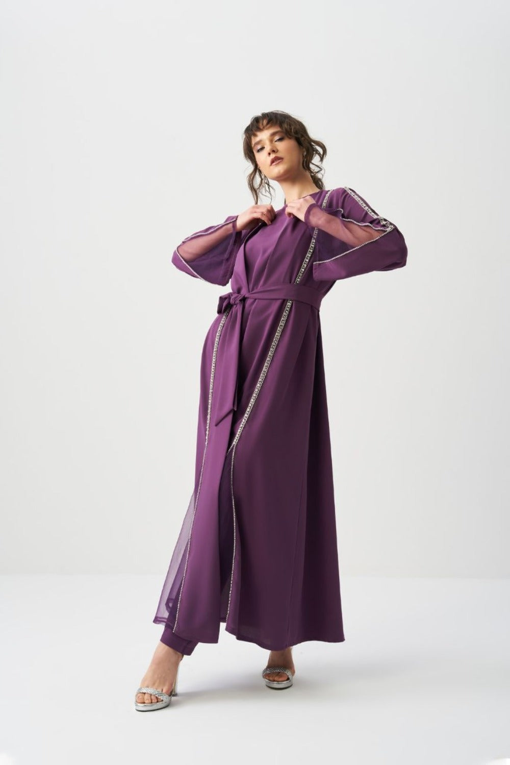Belted Rhinestone Open Abaya | Purple