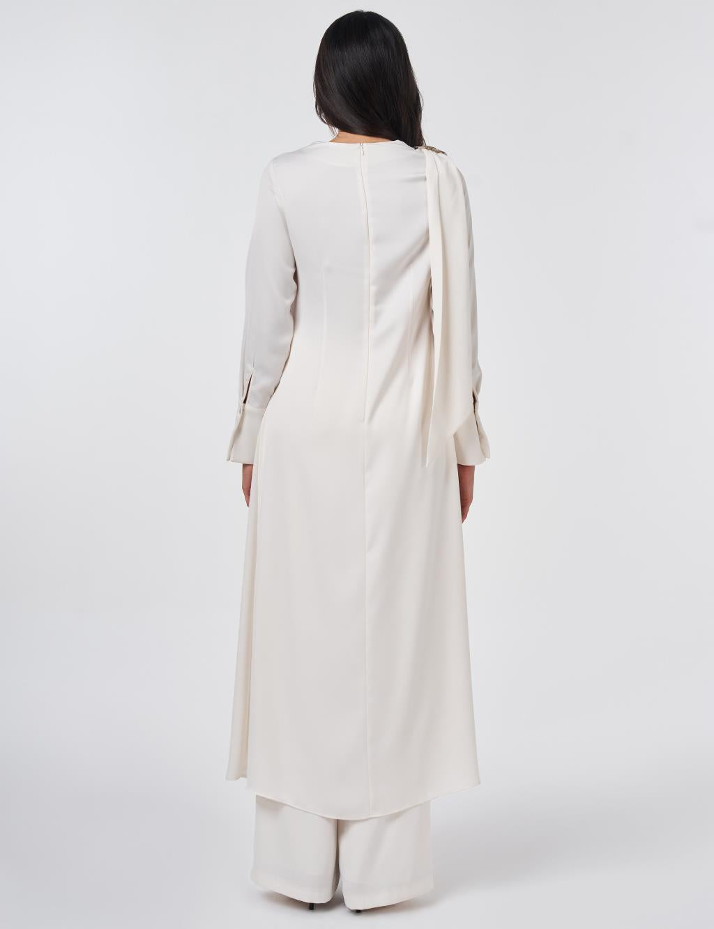 Maryam Asymmetric Overlay Modest Pants set | Creamy White