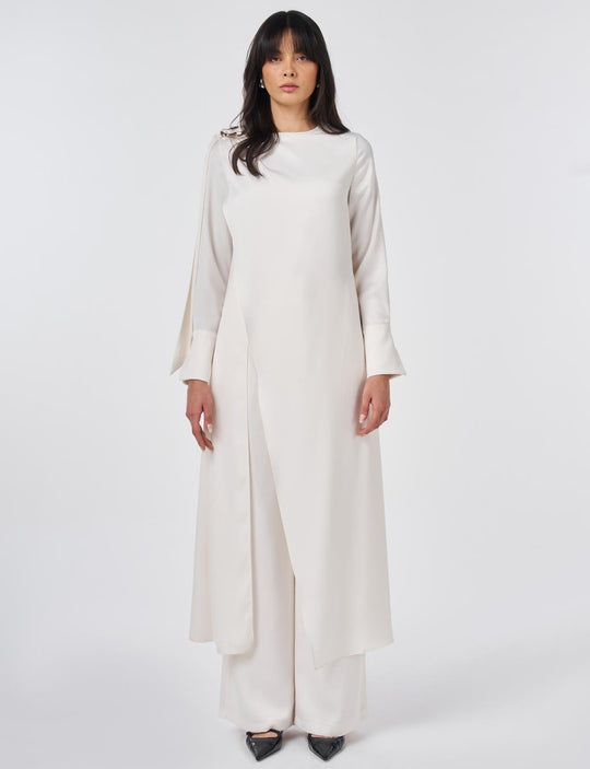Maryam Asymmetric Overlay Modest Pants set | Creamy White