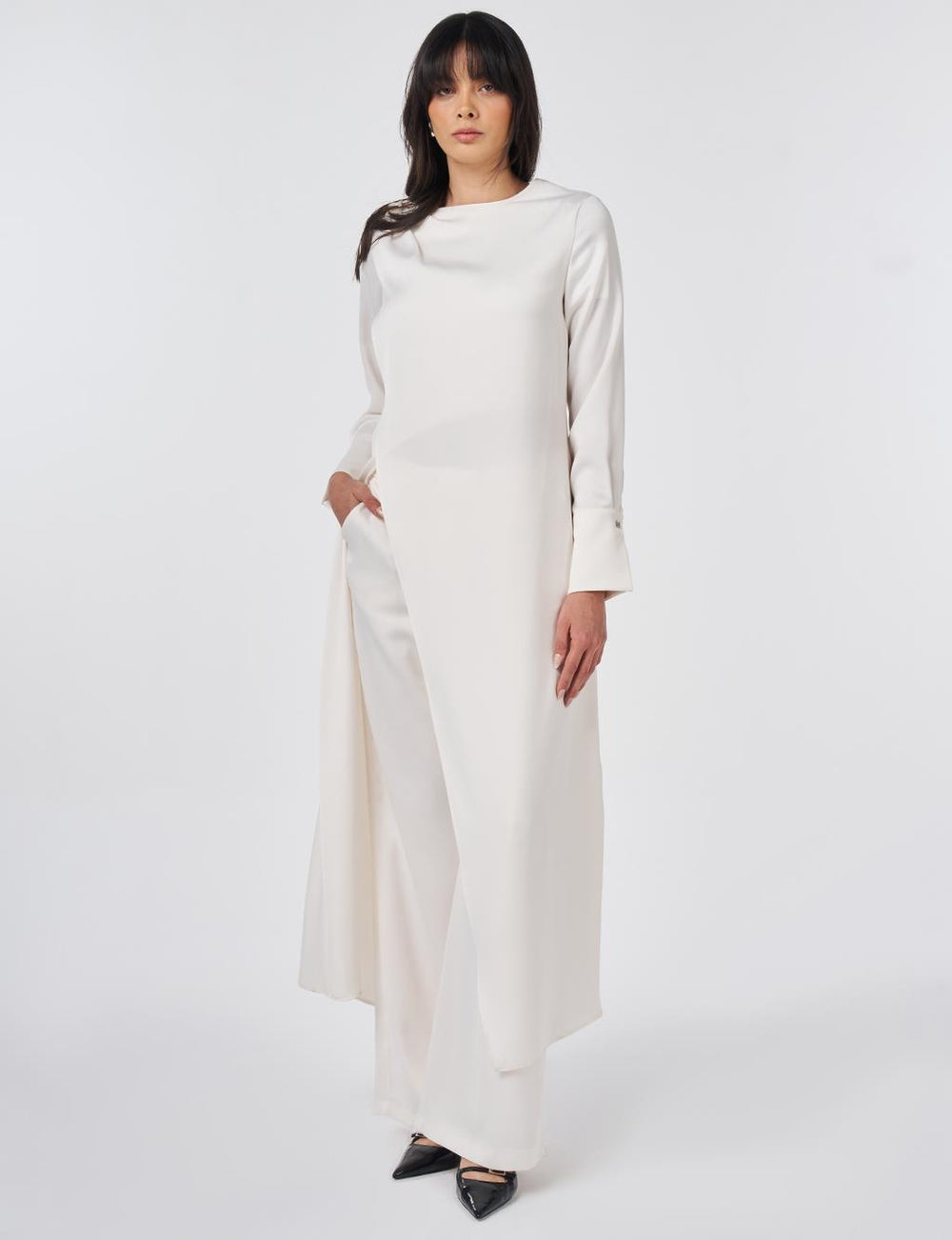 Maryam Asymmetric Overlay Modest Pants set | Creamy White