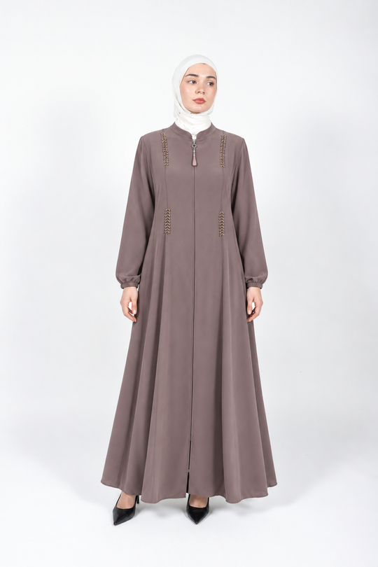 Brown viscose abaya with stand collar and beaded detail