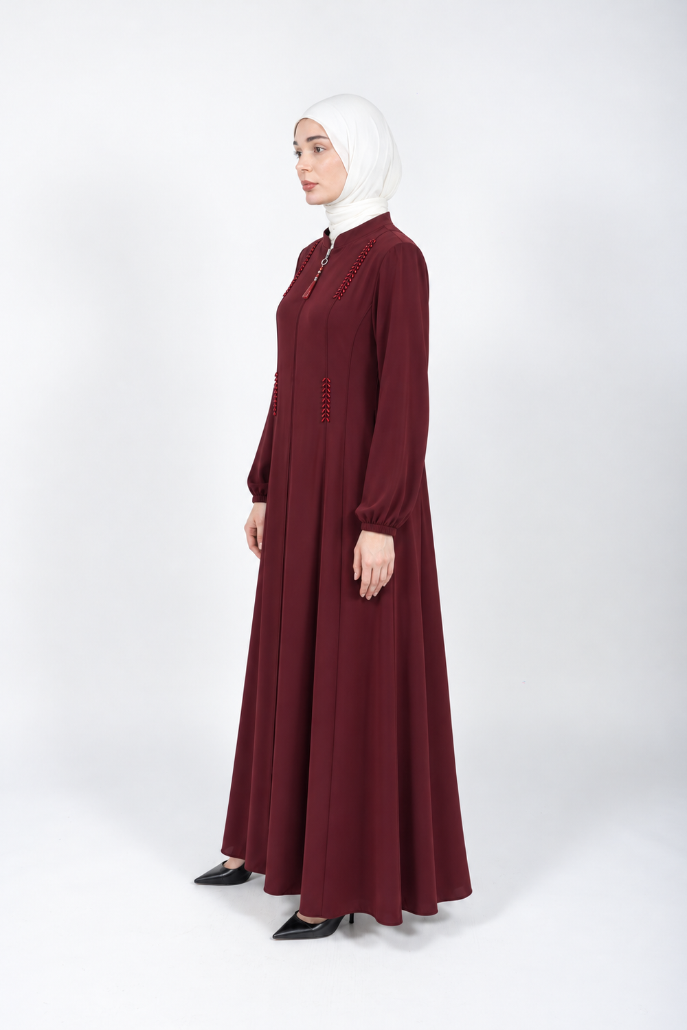 Maroon viscose abaya with stand collar and beaded detail
