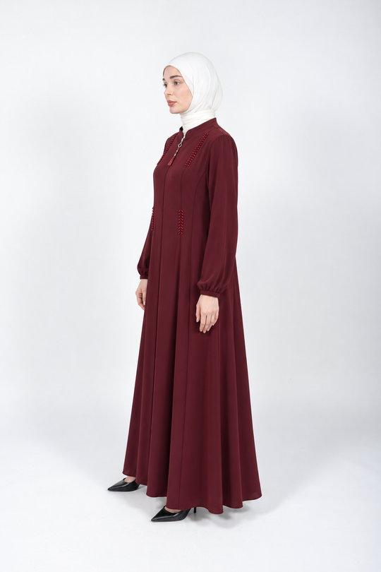 Maroon viscose abaya with stand collar and beaded detail