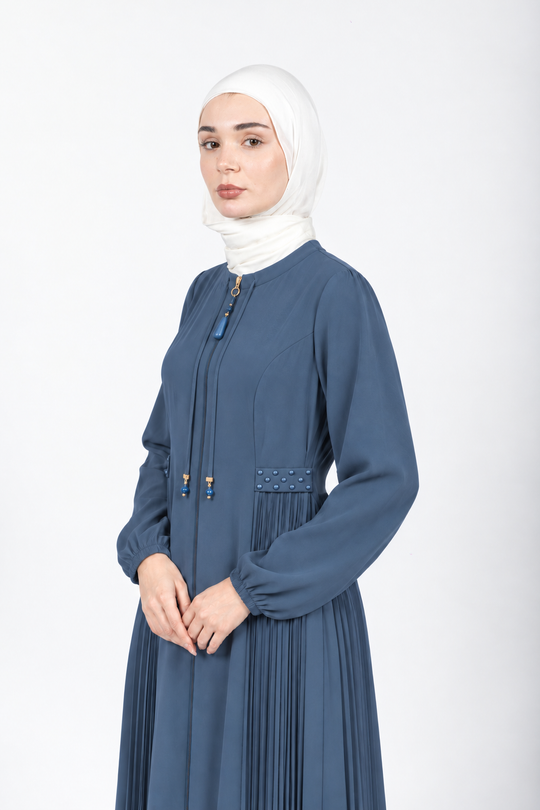 Steel blue viscose abaya with pleated side panels and cord ties