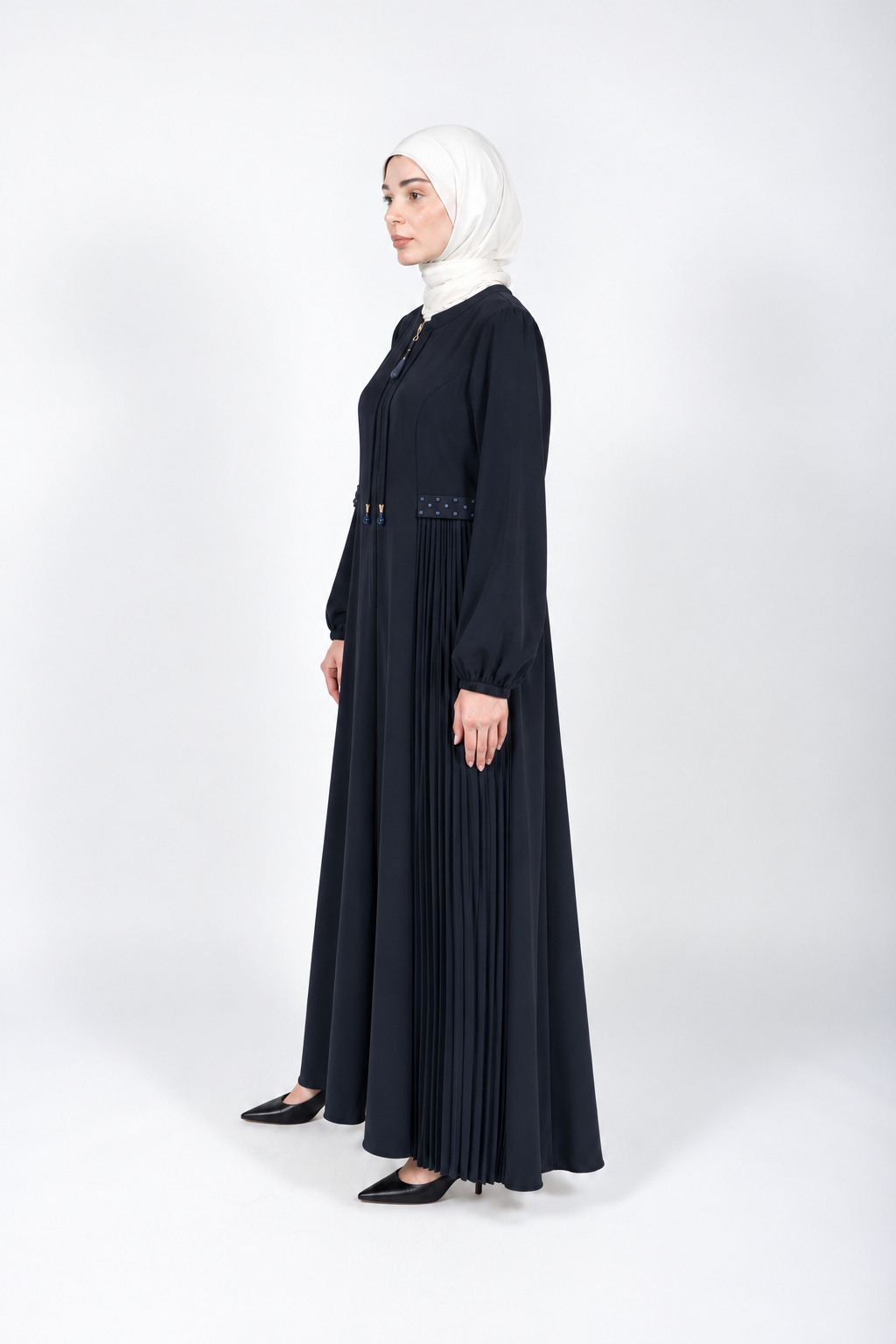 Dark midnight navy viscose abaya with pleated side panels and cord ties
