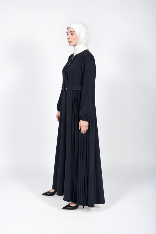 Dark midnight navy viscose abaya with pleated side panels and cord ties
