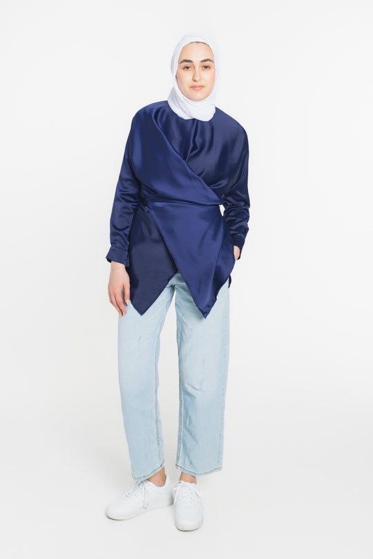 Satin Wrap Modest Top | Navy Blue