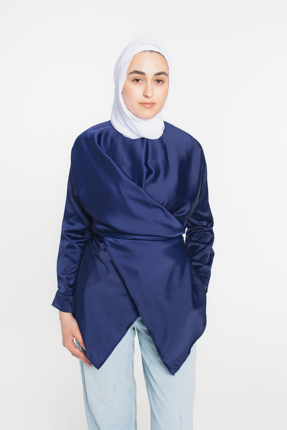 Satin Wrap Modest Top | Navy Blue