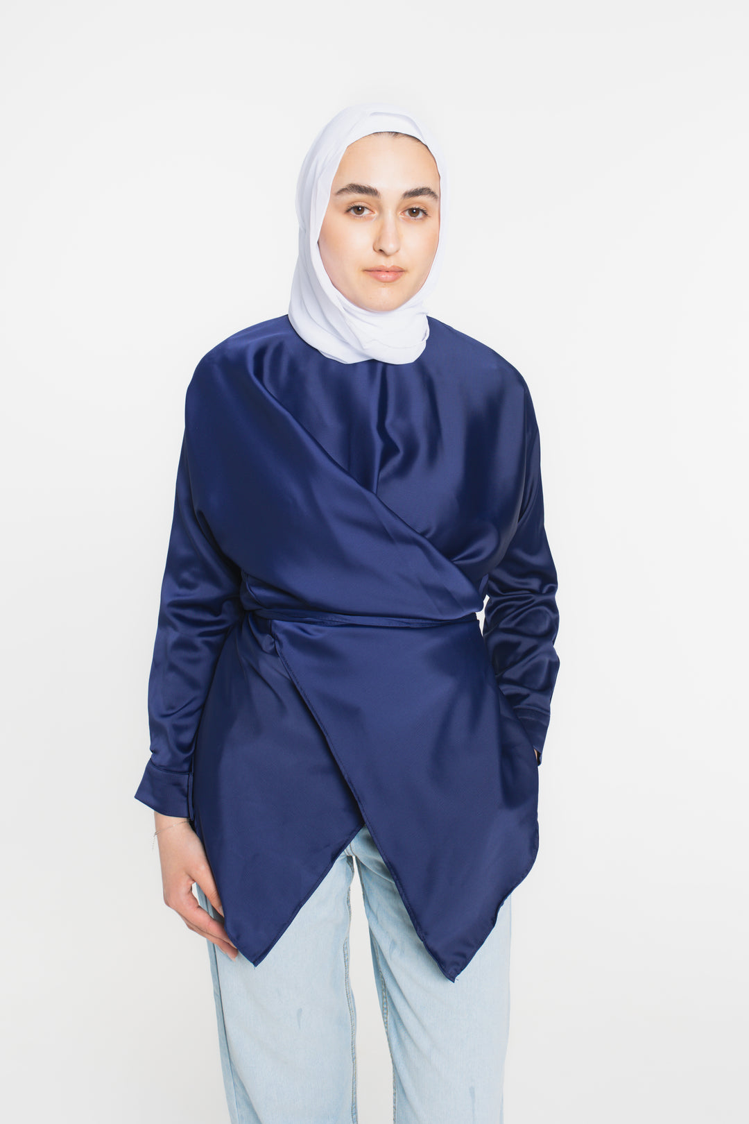Satin Wrap Modest Top | Navy Blue