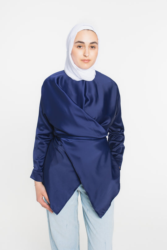 Satin Wrap Modest Top | Navy Blue