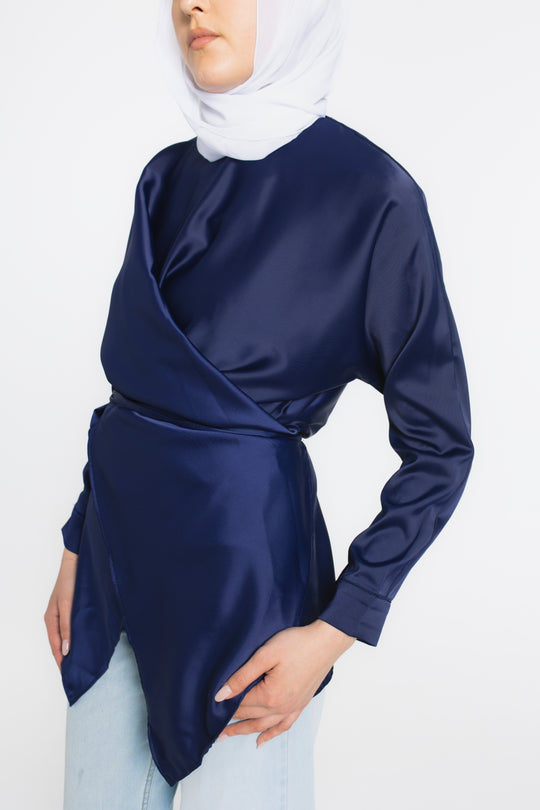 Satin Wrap Modest Top | Navy Blue