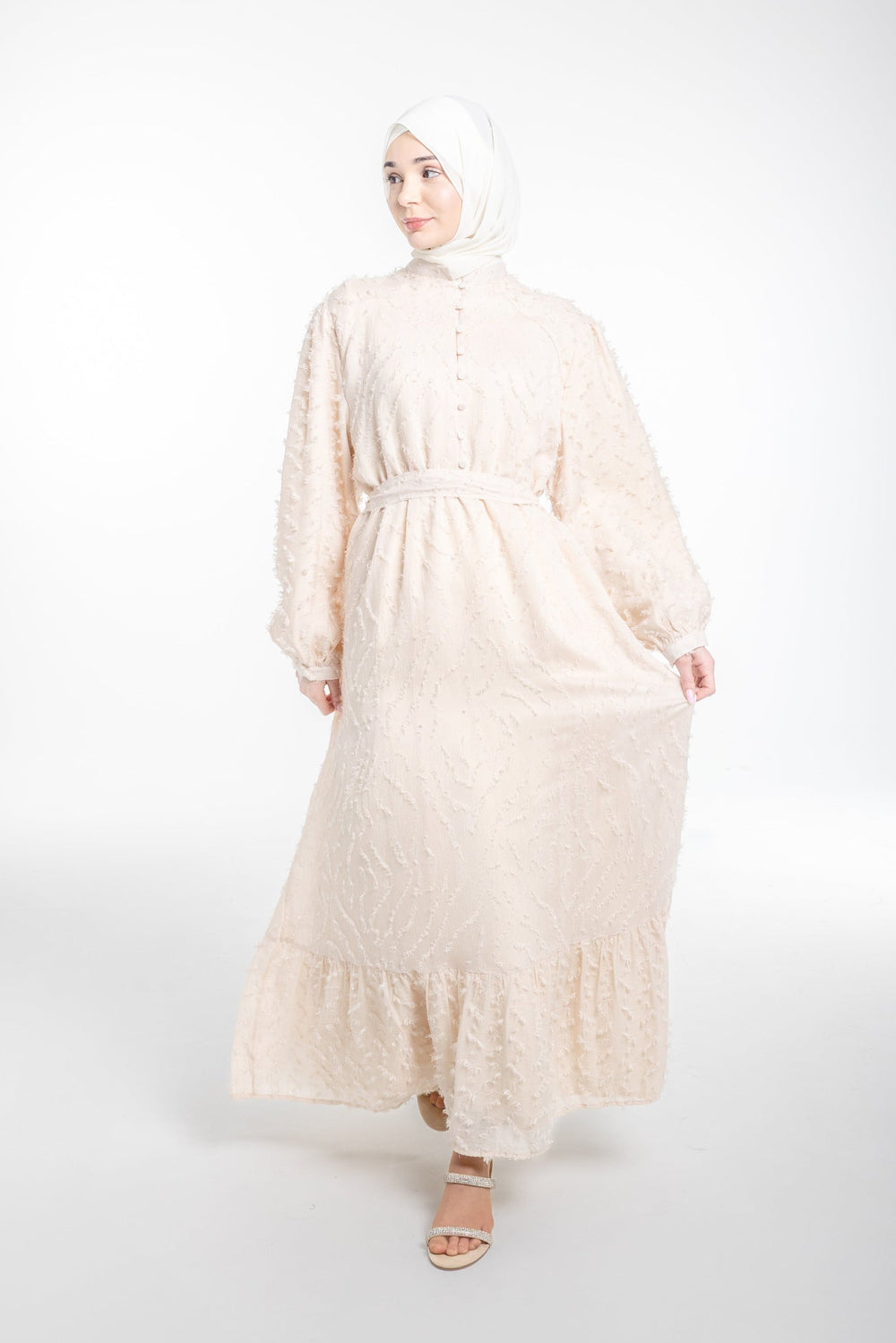Lina Modest Occasion Textured Dress  | Cream