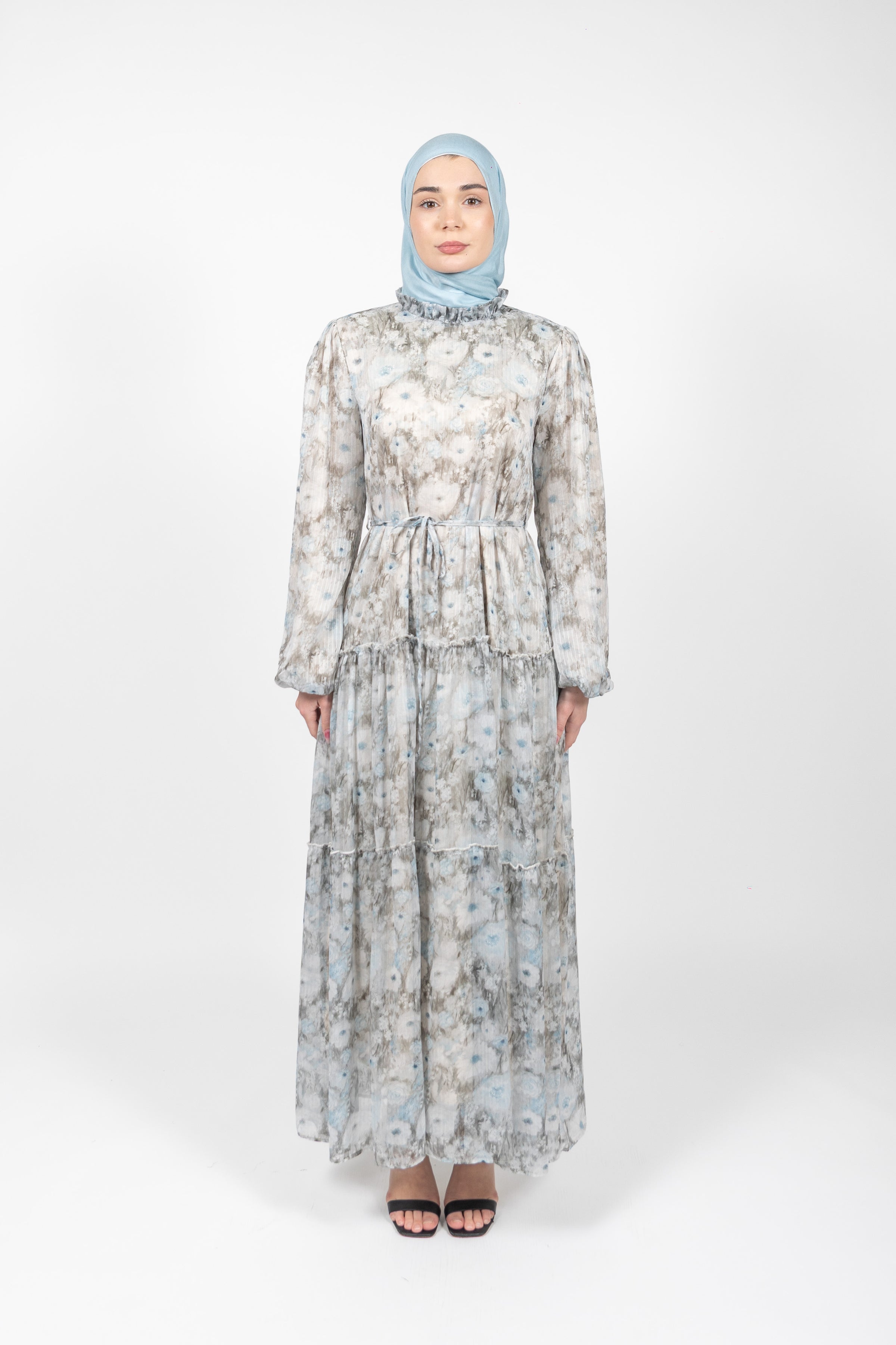 Nour Floral Tiered Modest Maxi Dress | Sage Blue