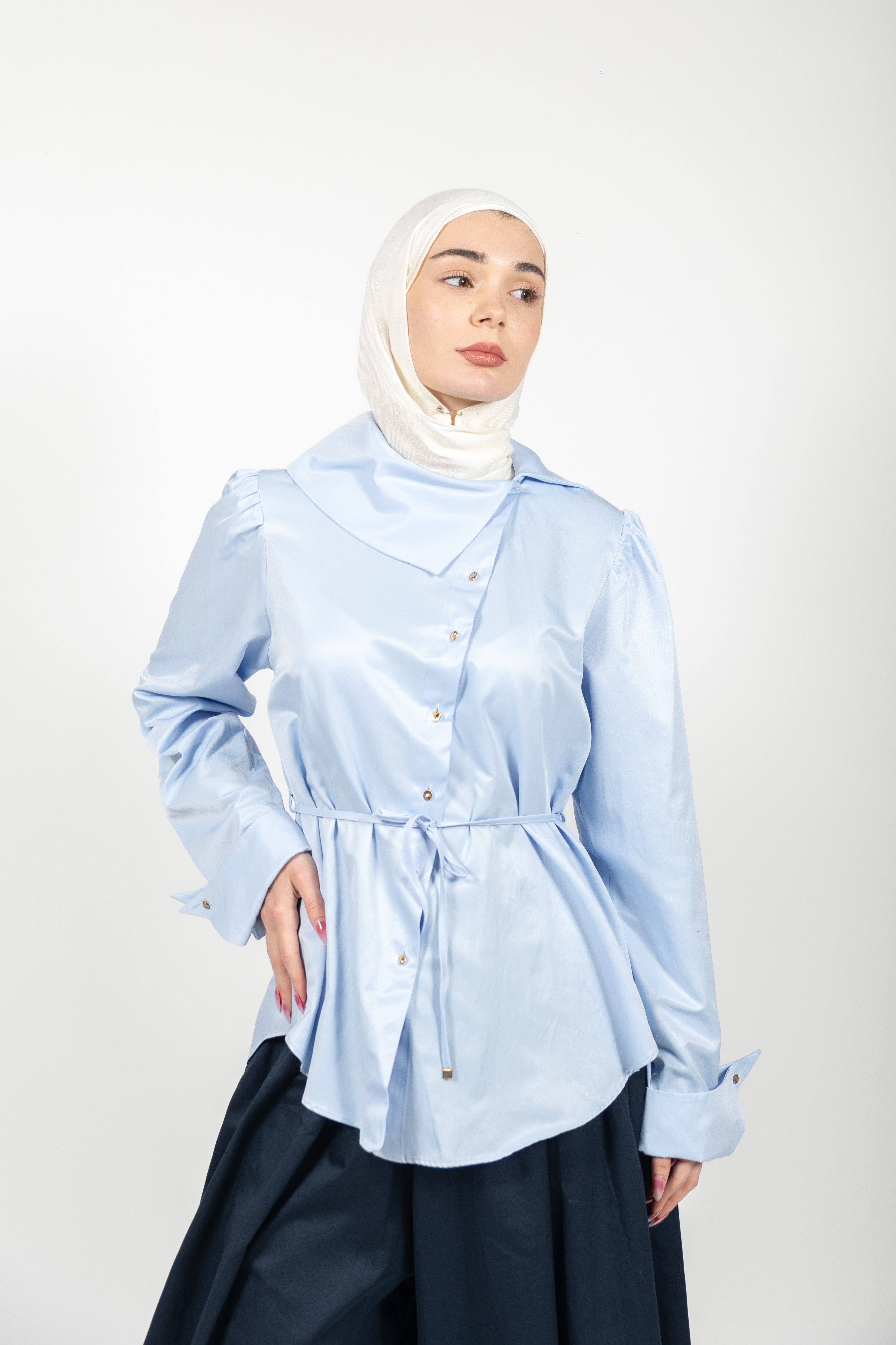 Janna Button Detail Wrap Modest Top | Baby Blue – Dana Fashion