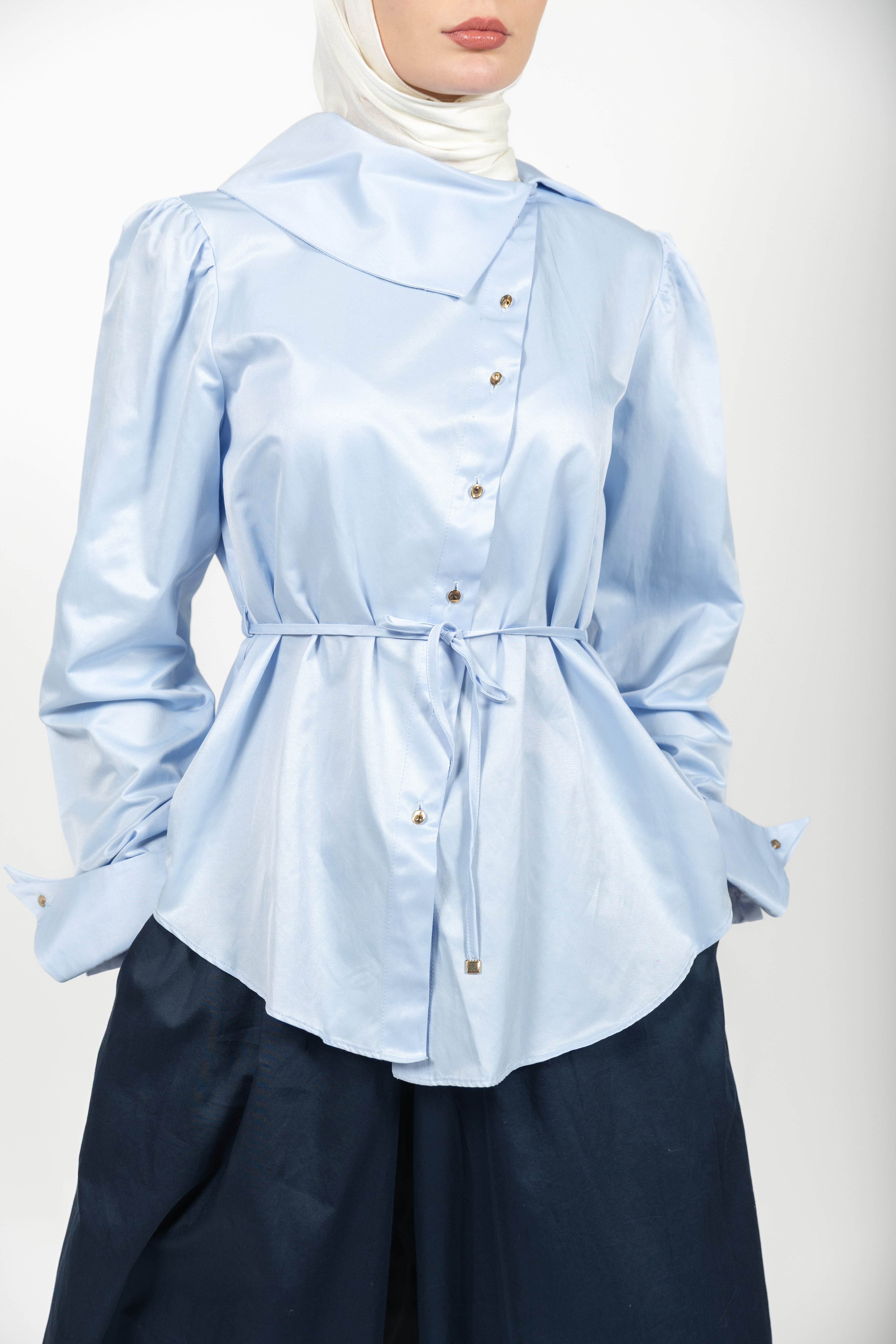 Janna Button Detail Wrap Modest Top | Baby Blue – Dana Fashion