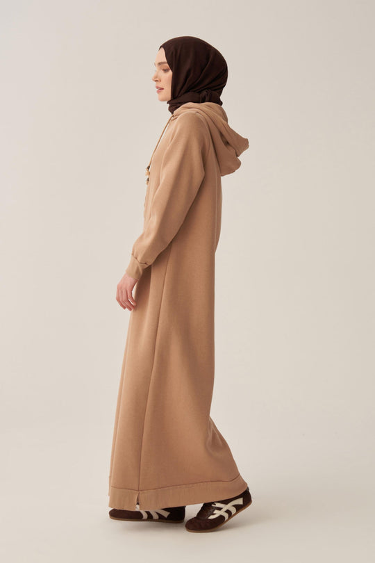 Sara Fleece Modest Hooded Chic Maxi Dress | Beige