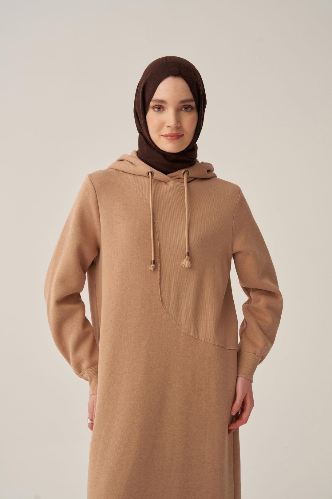 Sara Fleece Modest Hooded Chic Maxi Dress | Beige