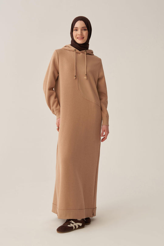 Sara Fleece Modest Hooded Chic Maxi Dress | Beige