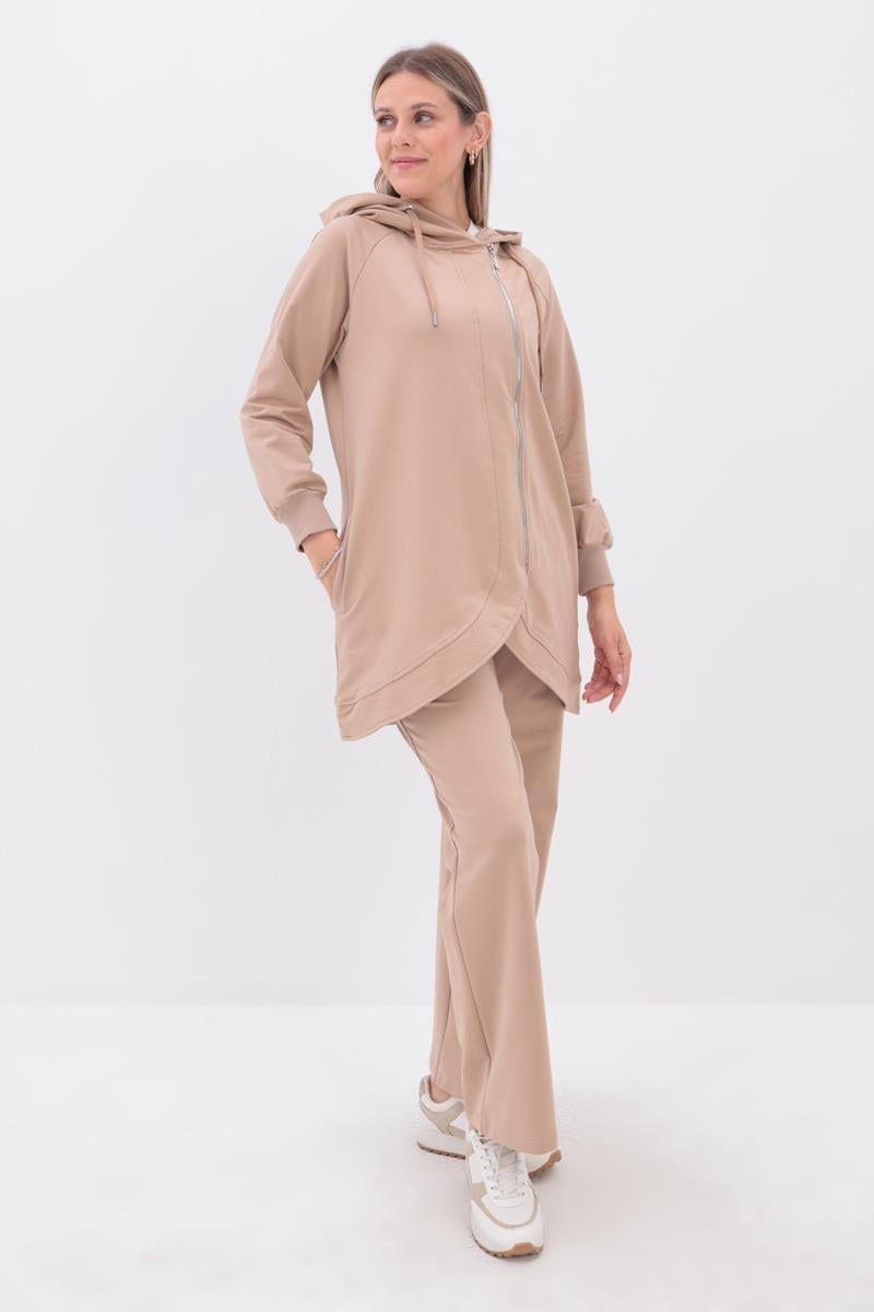 Hooded Wide-Leg Tracksuit Set | Beige 