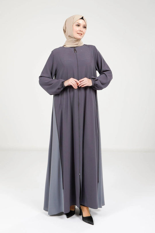 Elegant Two-Tone Zip-Detail Abaya | Grey