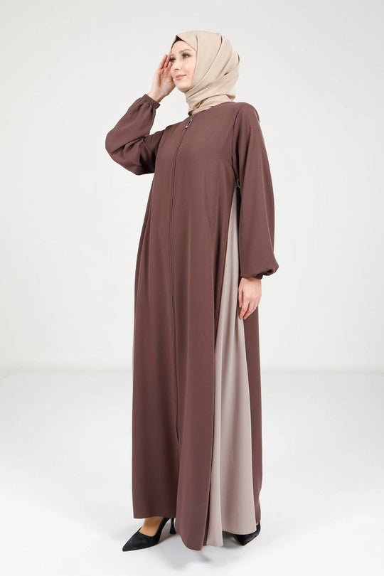 Elegant Two-Tone Zip Detail Abaya | Brown