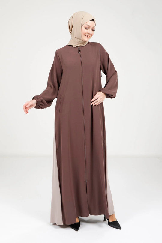 Elegant Two-Tone Zip Detail Abaya | Brown