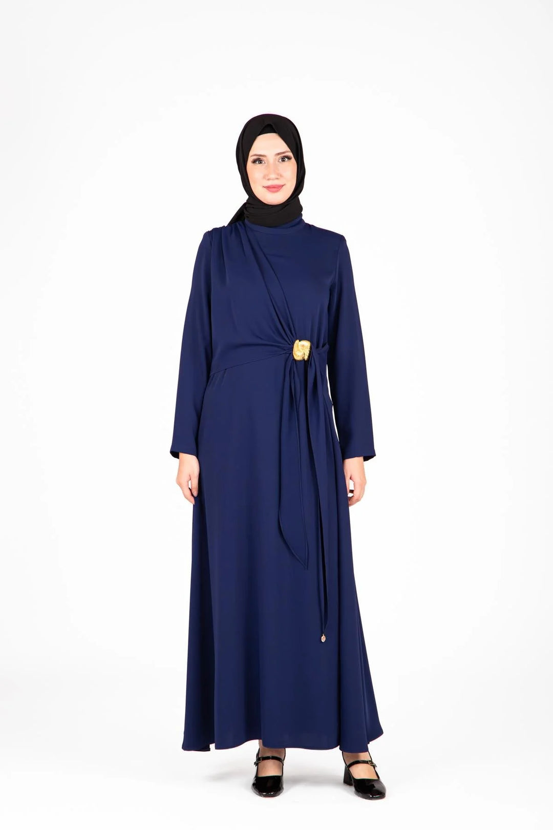 Elegant Modest Maxi Dress with Gold Buckle Belt | Navy Blue Dana Fashion Elegant Modest Maxi Dress with Gold Buckle Belt | Navy Blue Dana Fashion