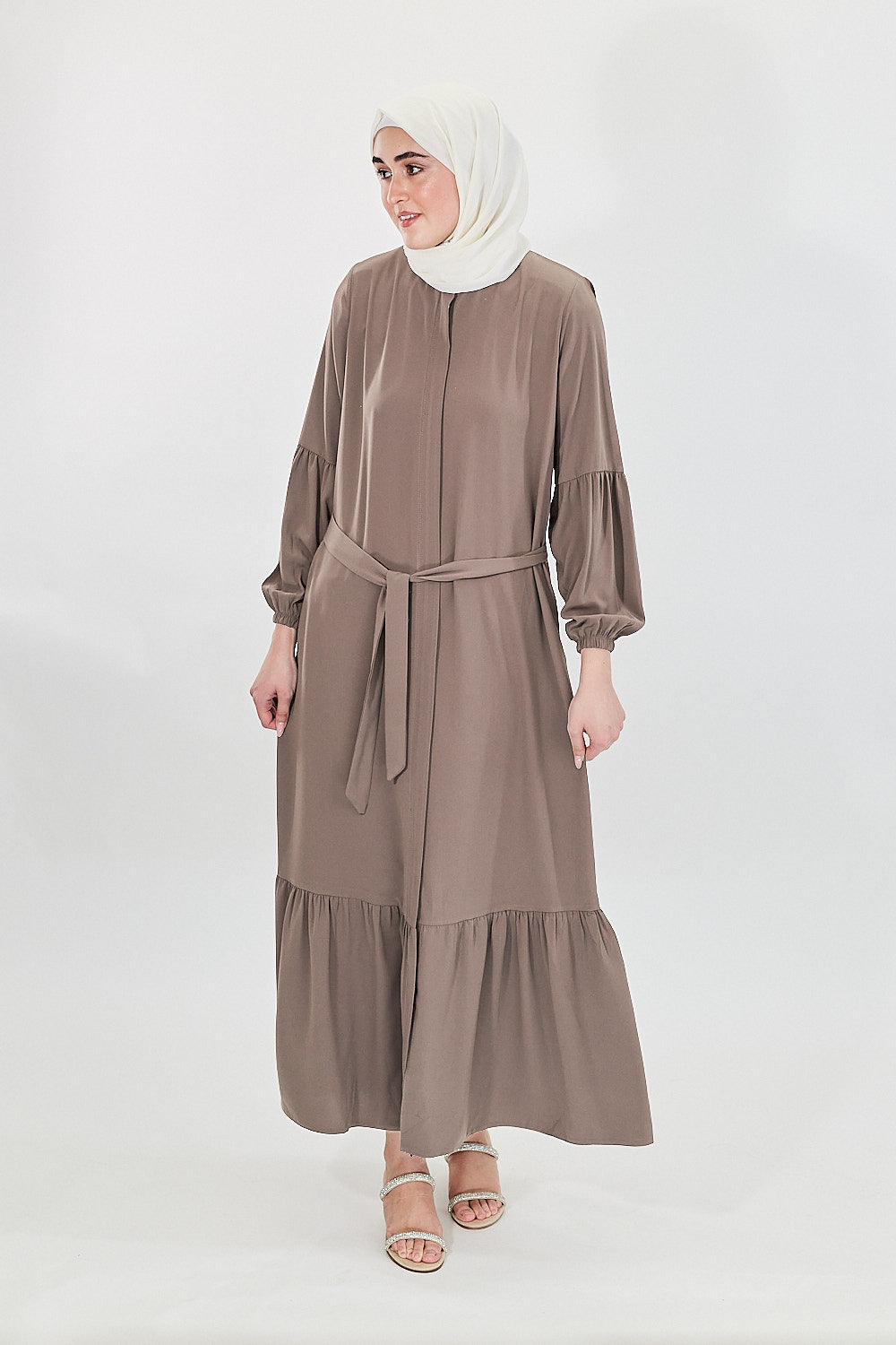 Contour Elegance Belted Modest Abaya Dress | Mink