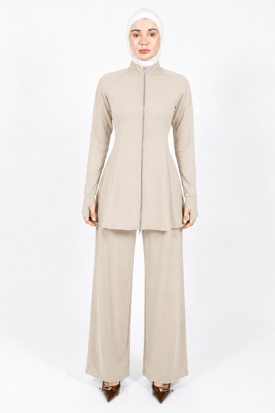 Latifa Flared Modest Zip Tracksuit Set | Cream