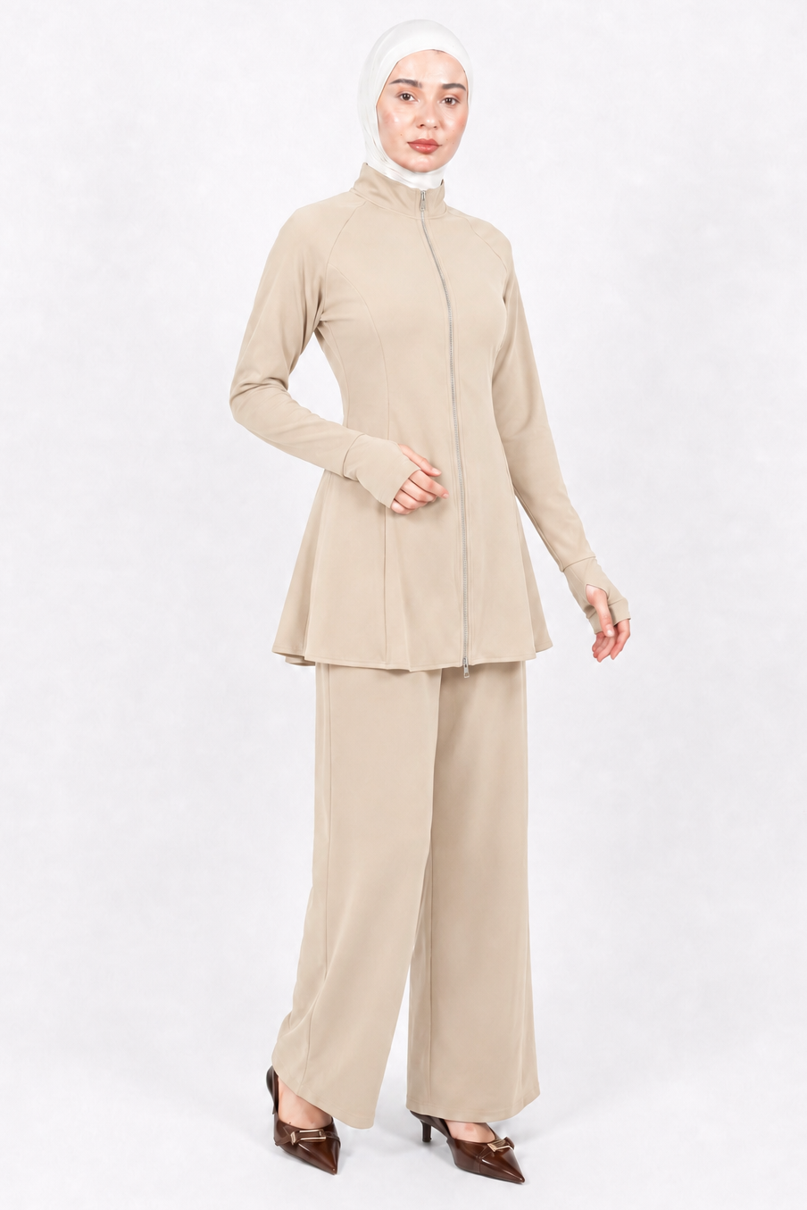 Latifa Flared Modest Zip Tracksuit Set | Cream