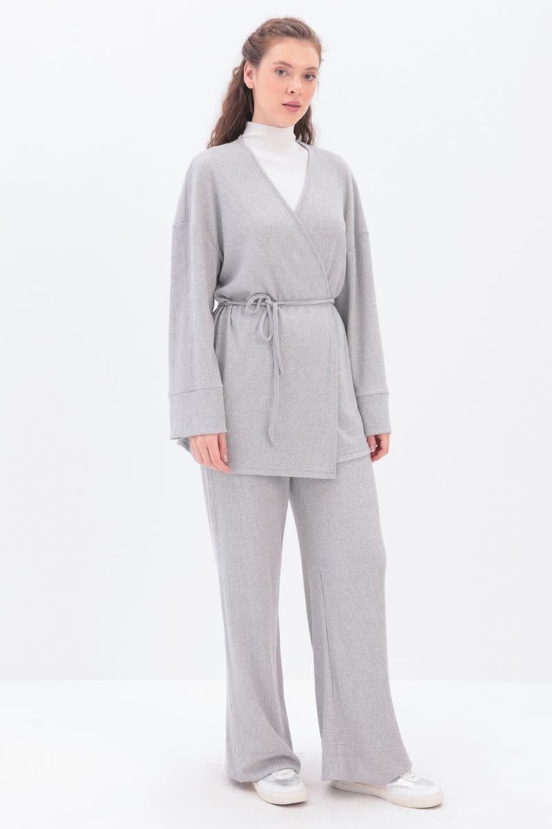 Knitted Wrap-Style Wide-Leg Set | Grey