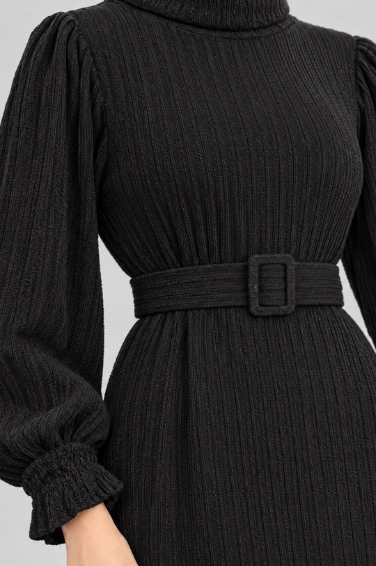 Longline Woolen Modest Maxi Dress in Black