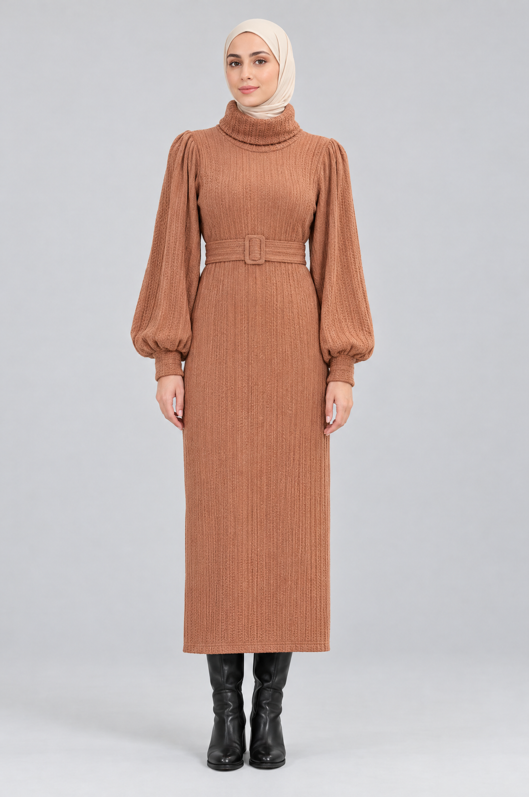 Longline Woolen Modest Maxi Dress in Cider