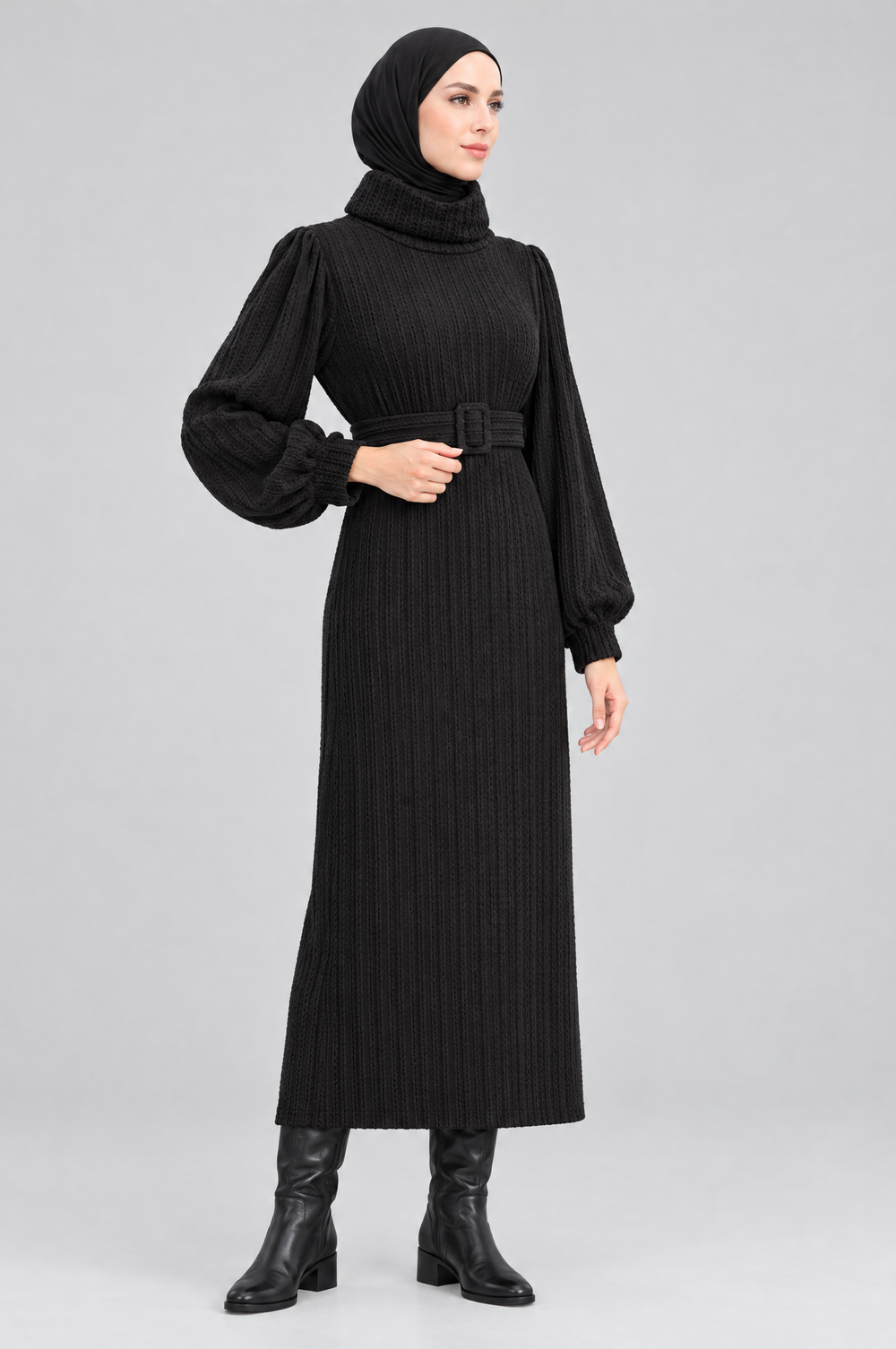 Longline Woolen Modest Maxi Dress in Black