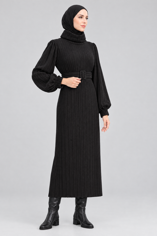 Longline Woolen Modest Maxi Dress in Black