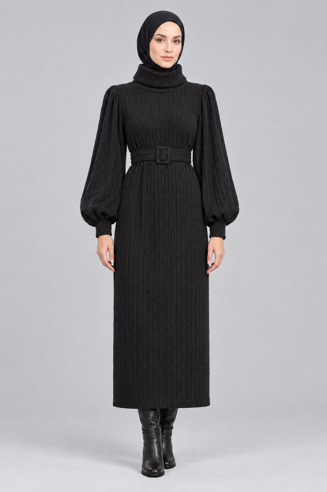 Longline Woolen Modest Maxi Dress in Black