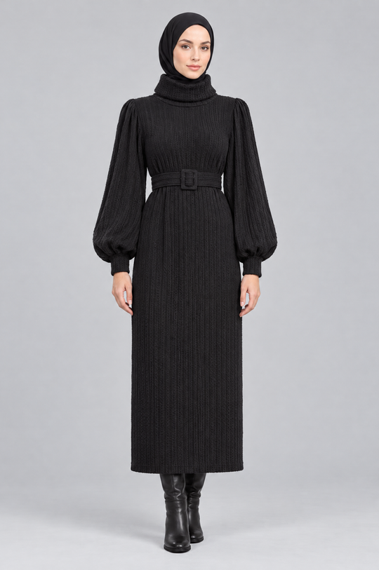 Longline Woolen Modest Maxi Dress in Black