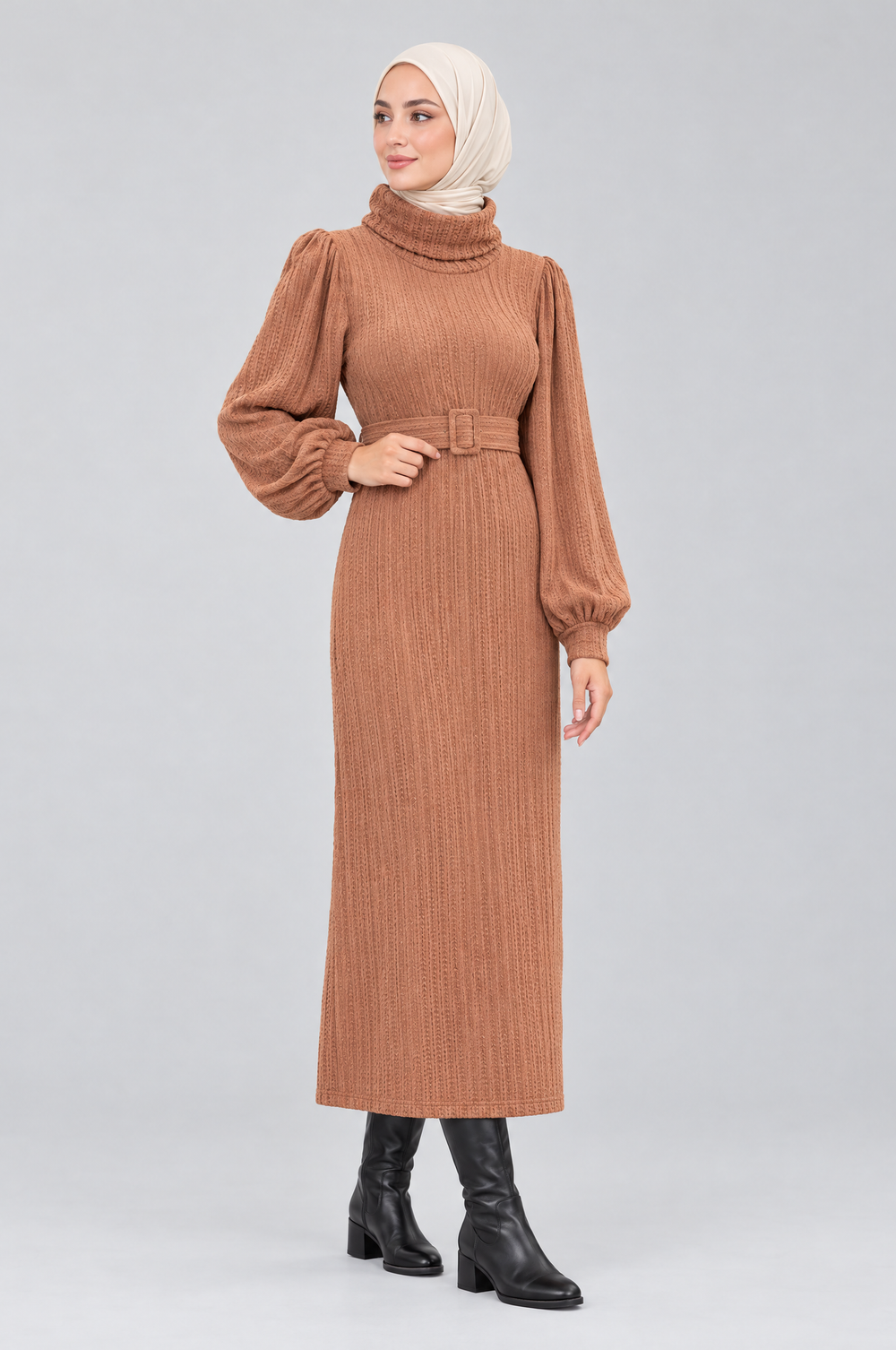 Longline Woolen Modest Maxi Dress in Cider