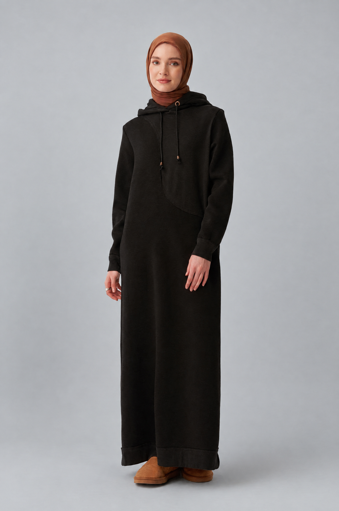 Sara Fleece Modest Hooded Chic Maxi Dress in Black