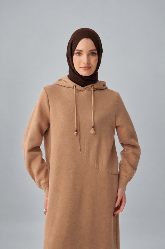 Sara Fleece Modest Hooded Chic Maxi Dress in Beige