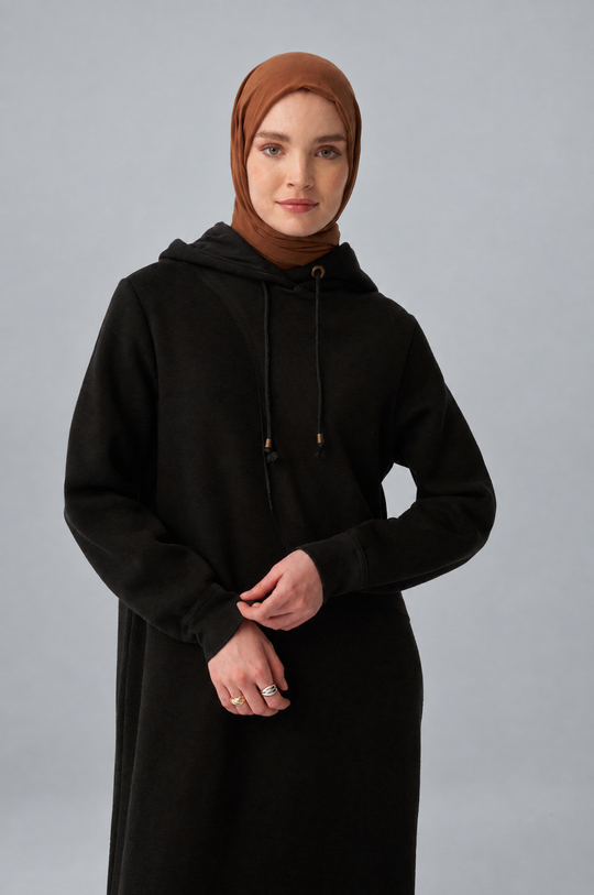 Sara Fleece Modest Hooded Chic Maxi Dress in Black