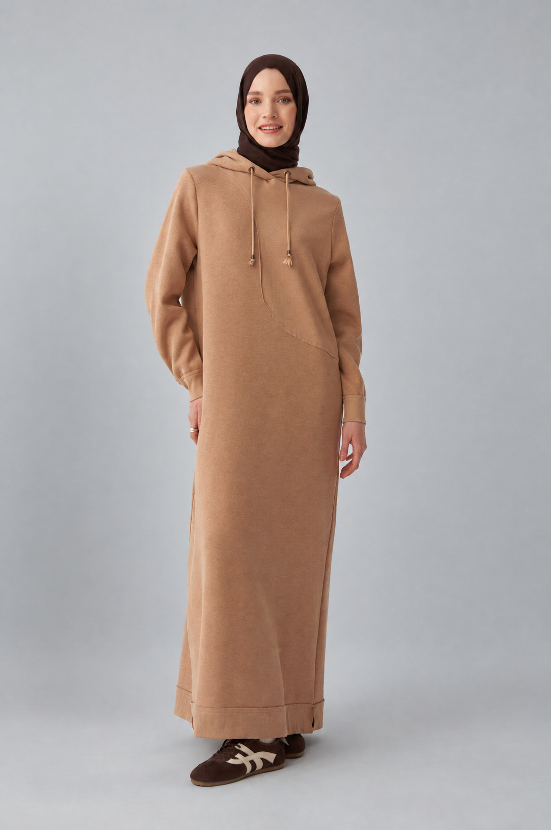 Sara Fleece Modest Hooded Chic Maxi Dress in Beige