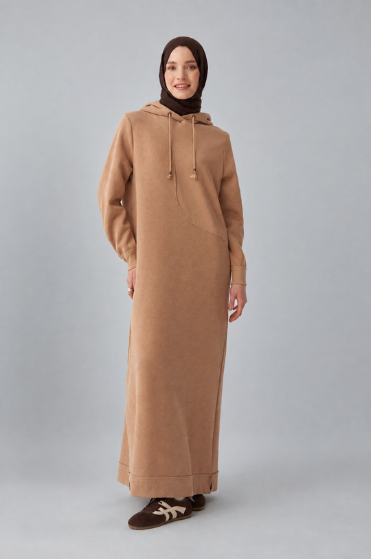 Sara Fleece Modest Hooded Chic Maxi Dress in Beige
