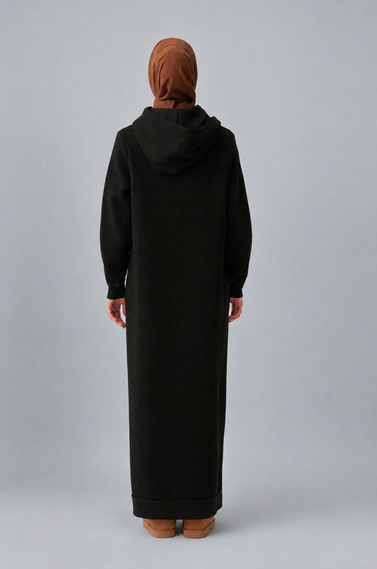 Sara Fleece Modest Hooded Chic Maxi Dress in Black
